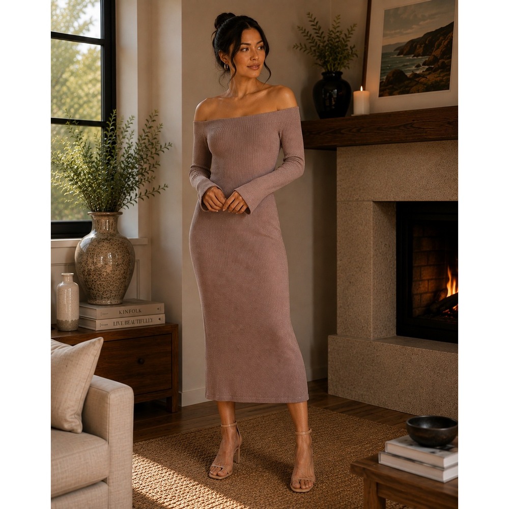 Zara Dress Womens Medium Mauve Ribbed Knit Off Shoulder Maxi Bodycon